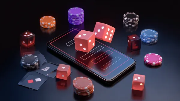 Uma mulher sorrindo enquanto joga online em seu laptop, cercada por elementos de cassino em néon, destacando a coleção diversificada de jogos do FIXE777.