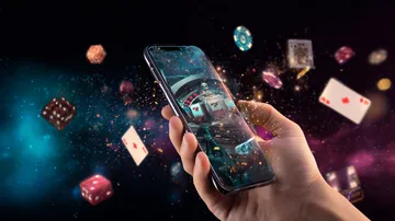 Uma mulher sorrindo perto de máquinas caça-níqueis brilhantes com símbolos de sorte, mostrando as emocionantes opções de slots do FIXE777.